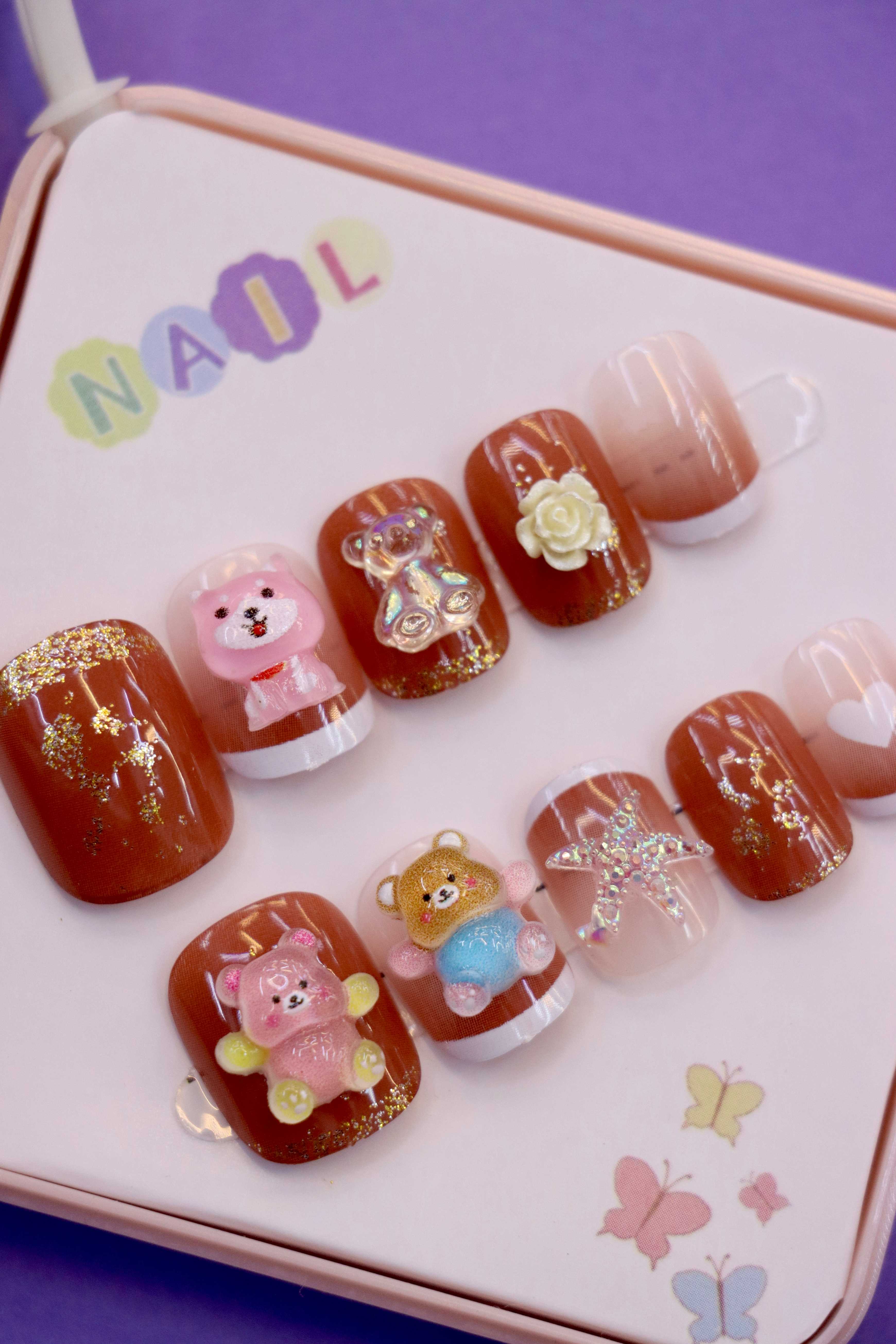 Cute Bear & Floral-Themed Press-On Nails for Kids - Brown & Pink Tones with Glitter Accents, 3D Bear and Star Designs (Ages 4-16)