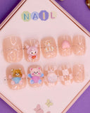 Checkerboard and Teddy-Themed Press-On Nails for Kids – 3D Bunny, Bear, and Heart Accents (Ages 4-16)