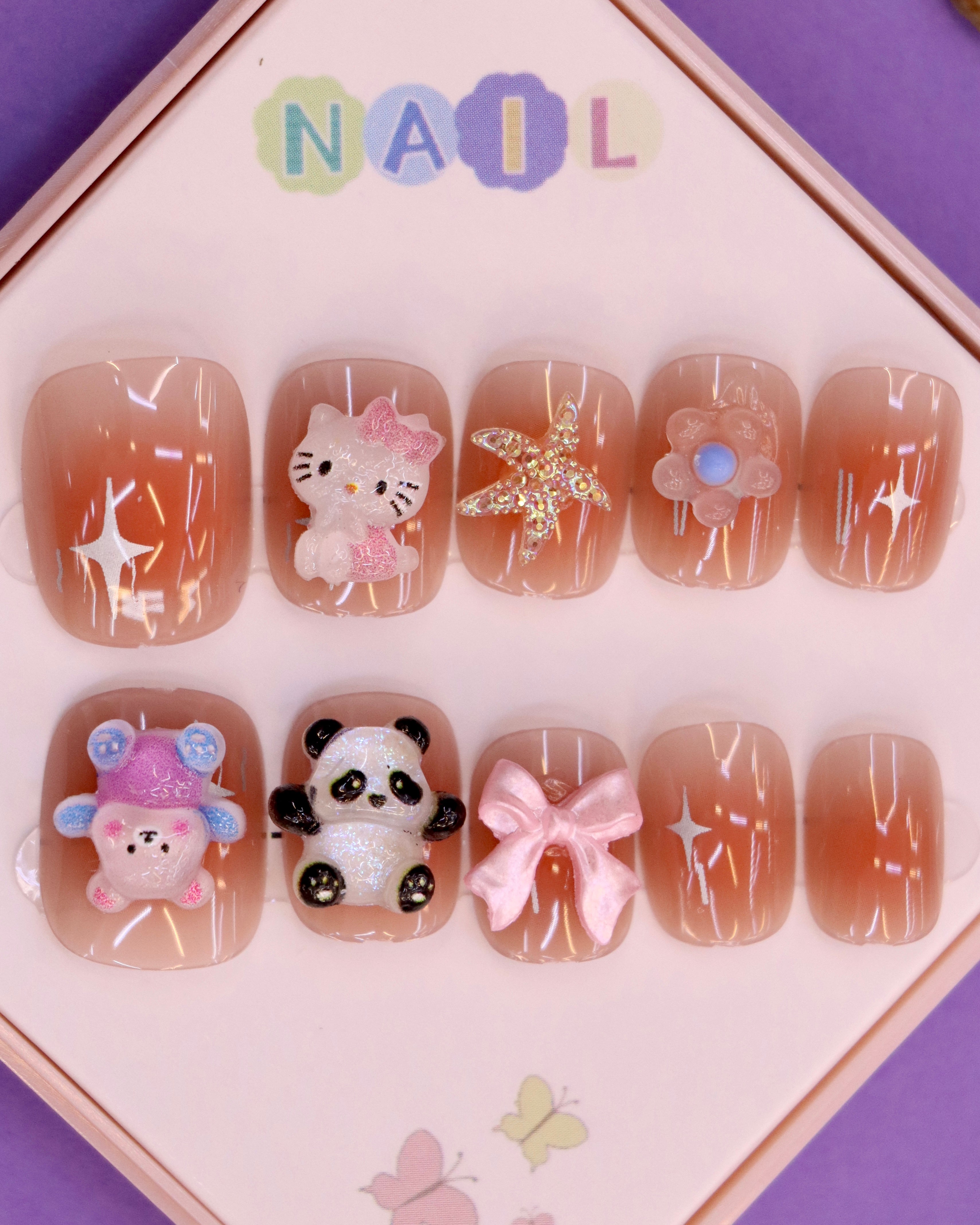 Brown Ombré and Kitty-Themed Press-On Nails for Kids – 3D Panda, Bow, and Floral Accents (Ages 4-16)