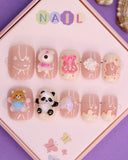 Cute 3D Bear & Panda Themed Press-On Nails - Pink, Beige, and Glitter Accents with Cartoon Characters (Ages 4-16)