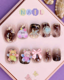 Glitter Ombre Press-On Nails for Kids – Teddy, Bow, and Starfish Accents (Ages 4-16)