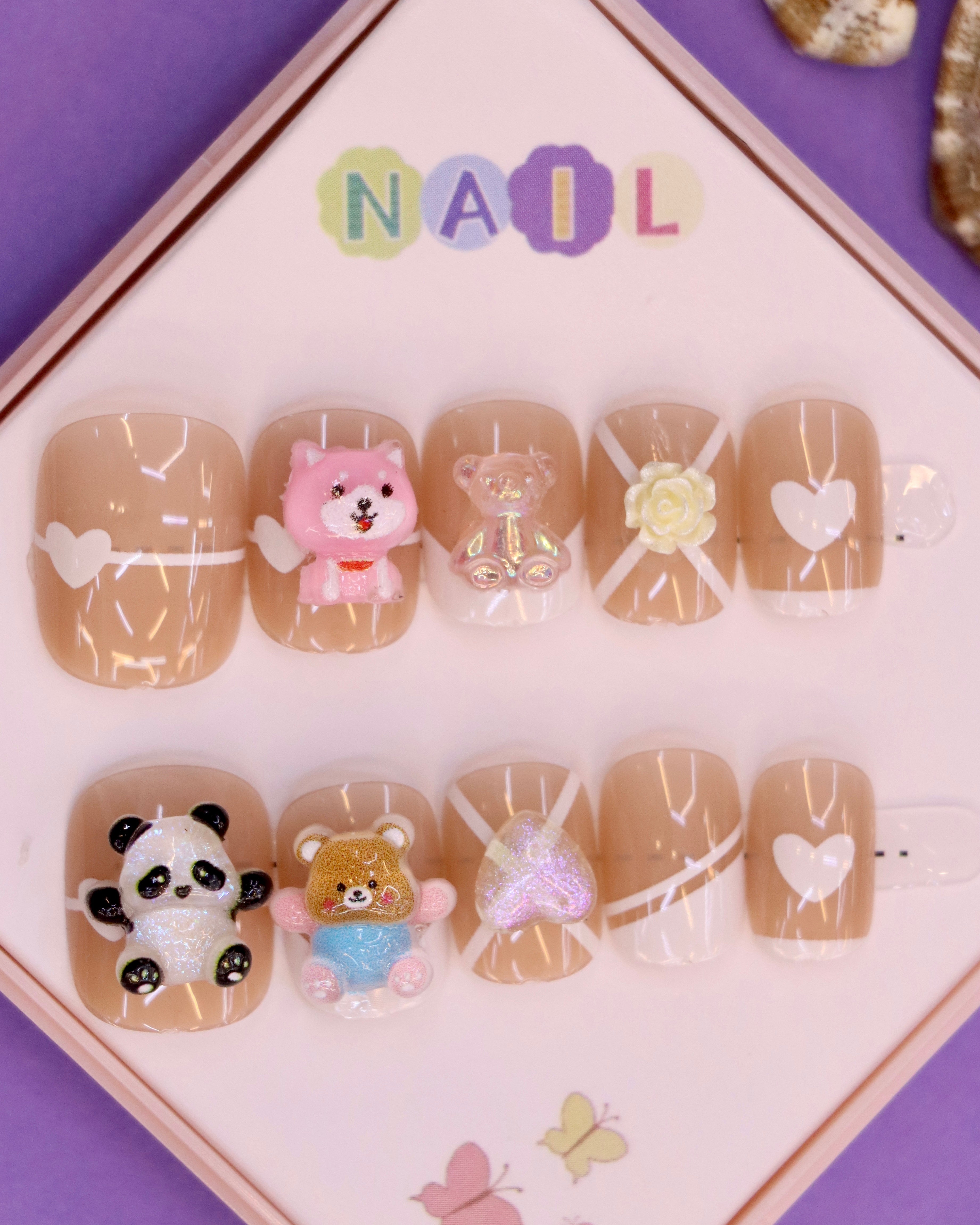 Adorable 3D Panda & Bear Press-On Nails - Nude Beige with Pink Accents, Hearts, and Floral Details (Ages 4-16)