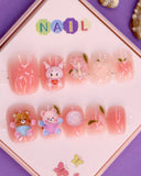 Adorable Teddy and Bunny-Themed Press-On Nails for Kids – Peach, Glitter, and Floral Designs (Ages 4-16)