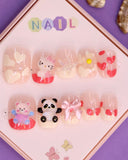 Cute Panda and Kitty-Themed Press-On Nails for Kids – Heart, Bow, and Floral Designs (Ages 4-16)