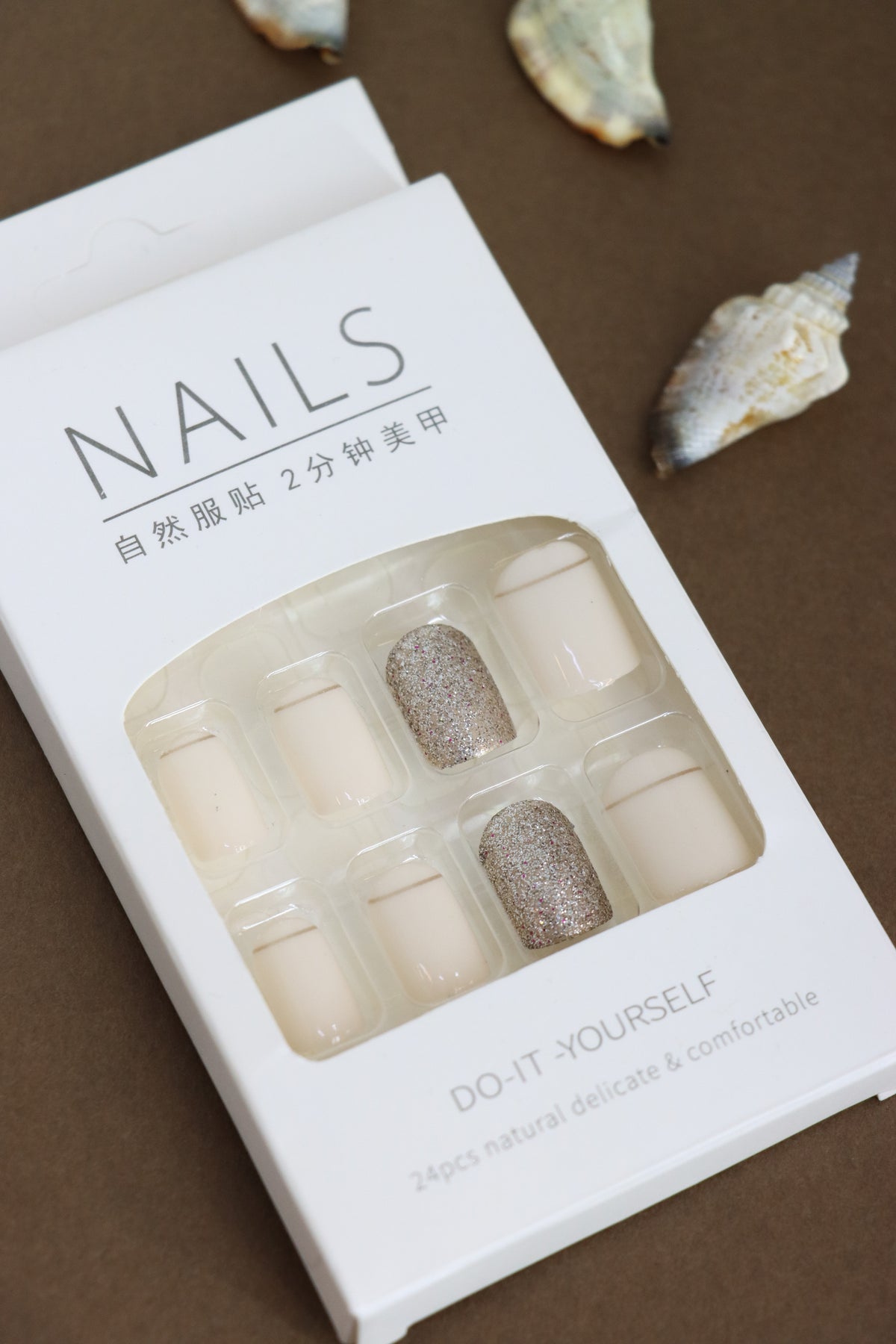 Beige Nude Press-On Nails with Glitter Accents - 24pcs Natural Elegant Design