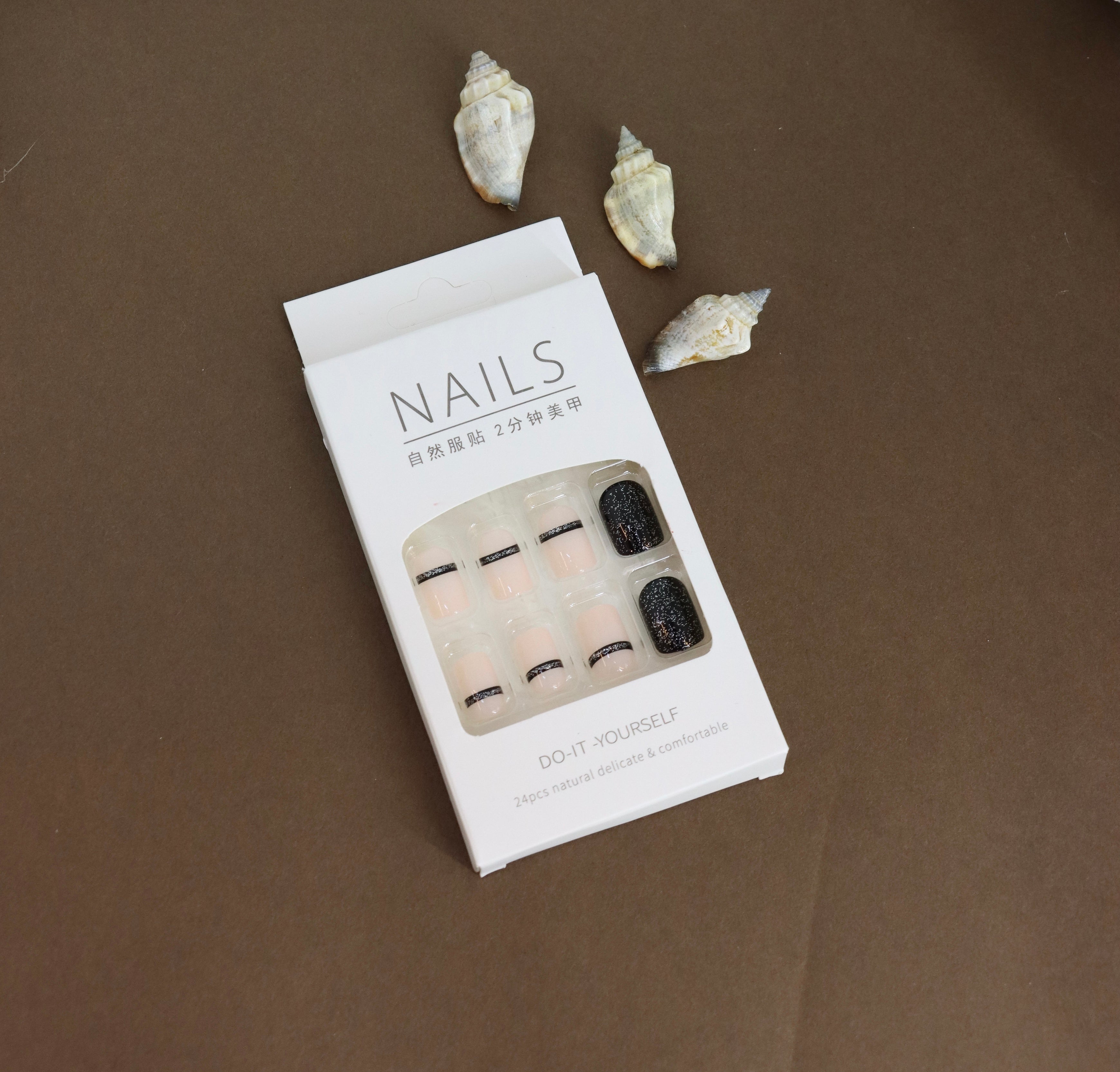 Black & Nude Glitter Band Press-On Nails – A Chic Fusion of Minimal and Bold Design