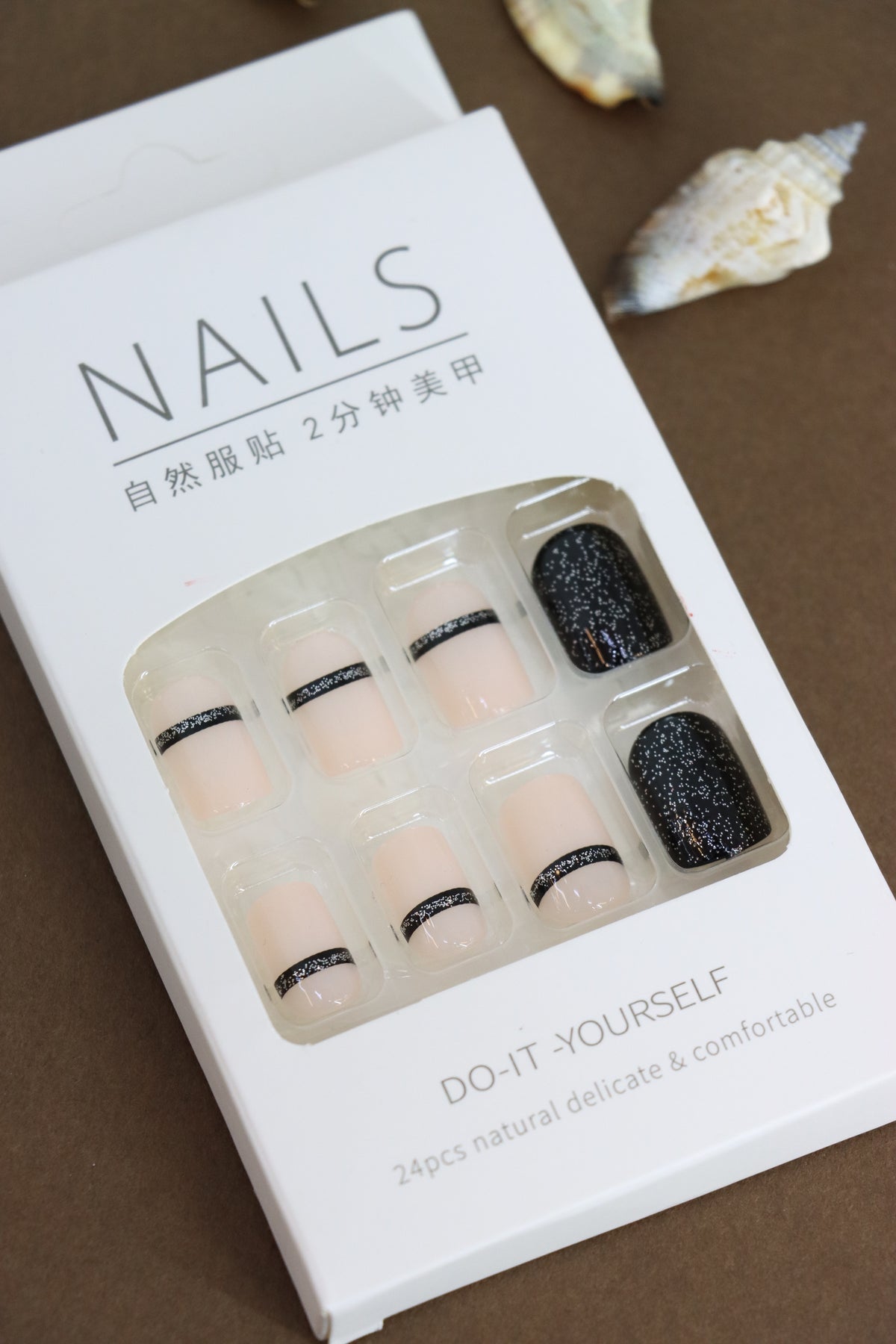 Black & Nude Glitter Band Press-On Nails – A Chic Fusion of Minimal and Bold Design