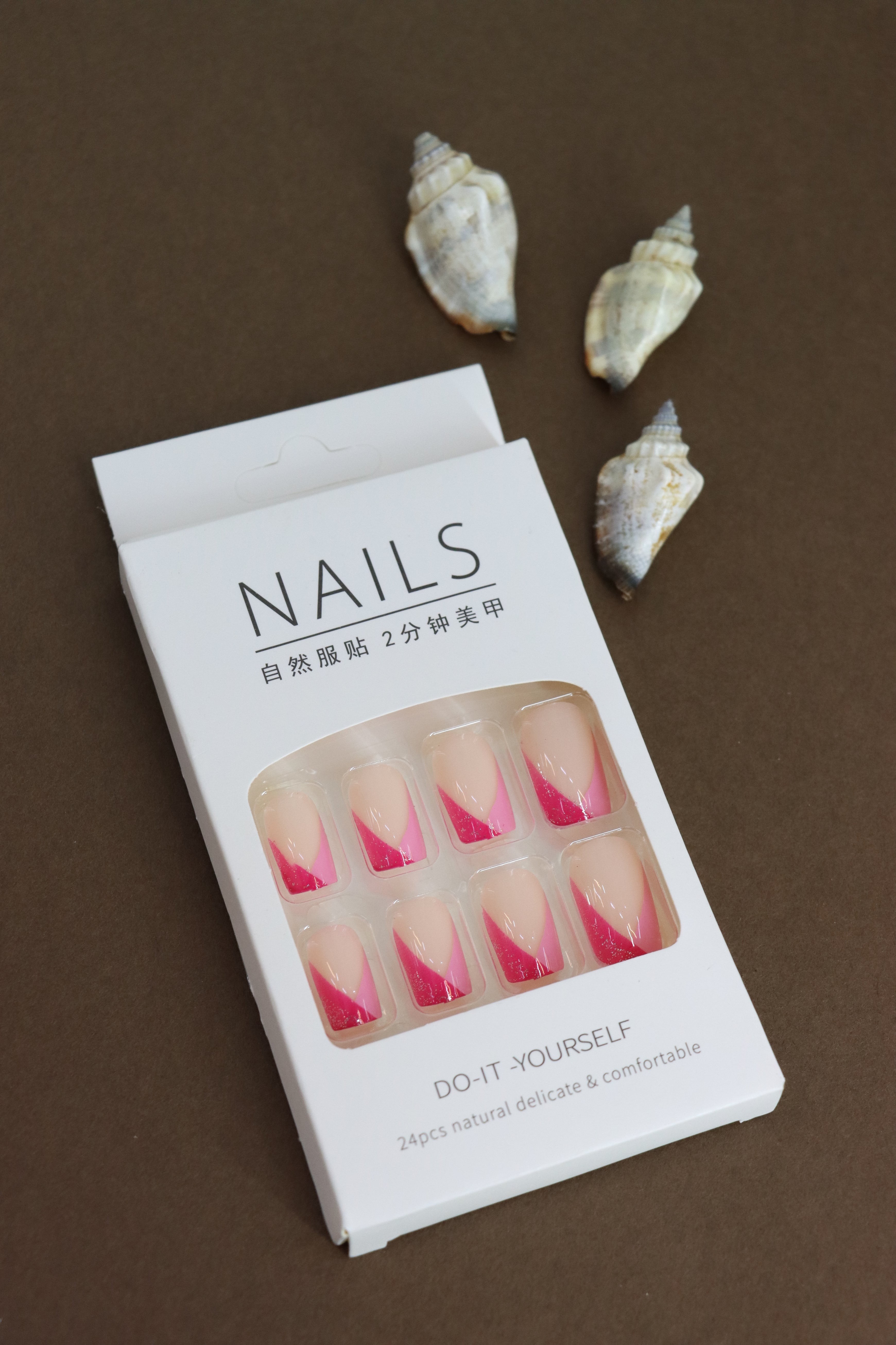 Chic Nude Press-On Nails with Bold Pink Diagonal French Tip Design - 24pcs Set