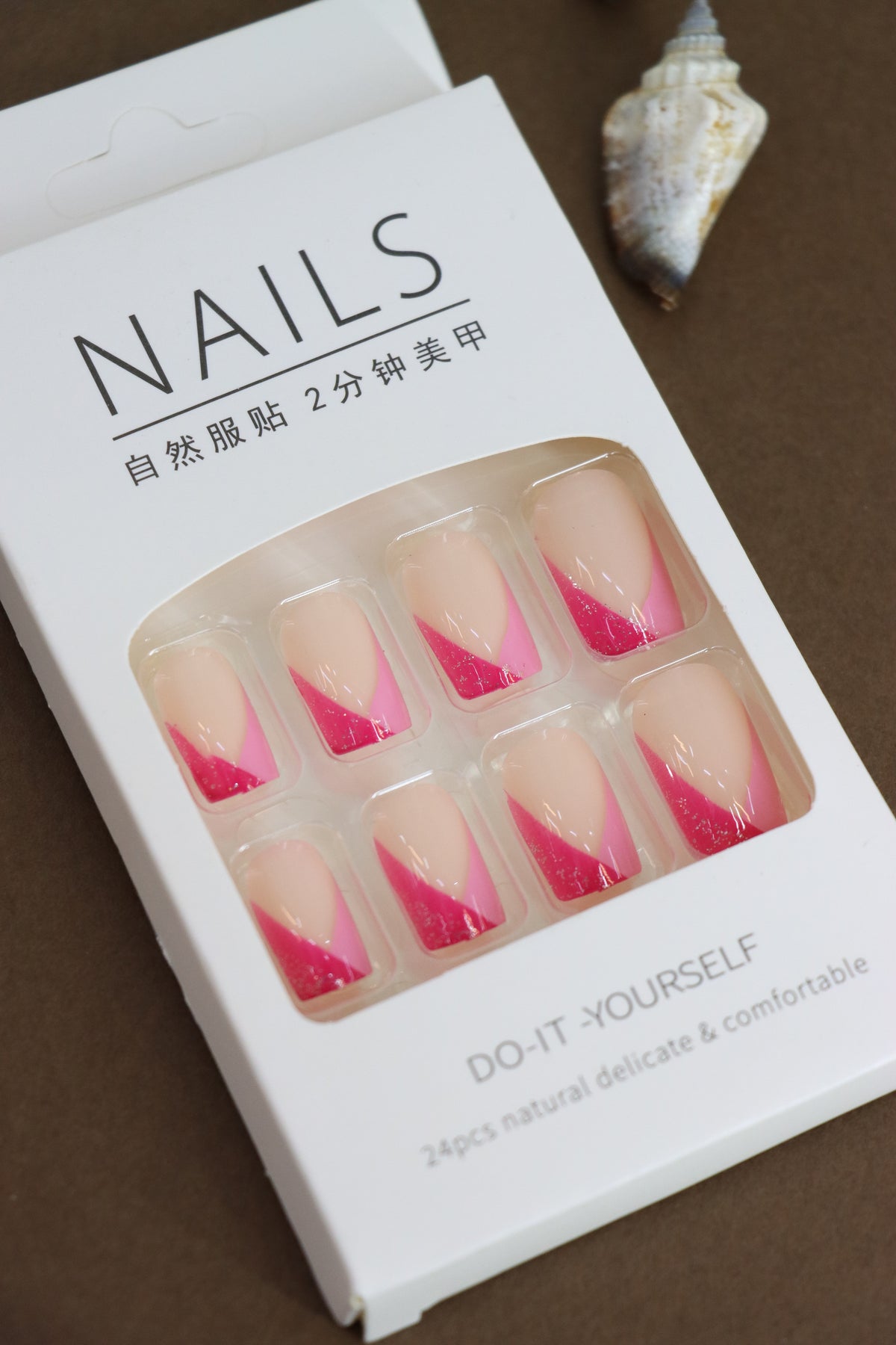 Chic Nude Press-On Nails with Bold Pink Diagonal French Tip Design - 24pcs Set