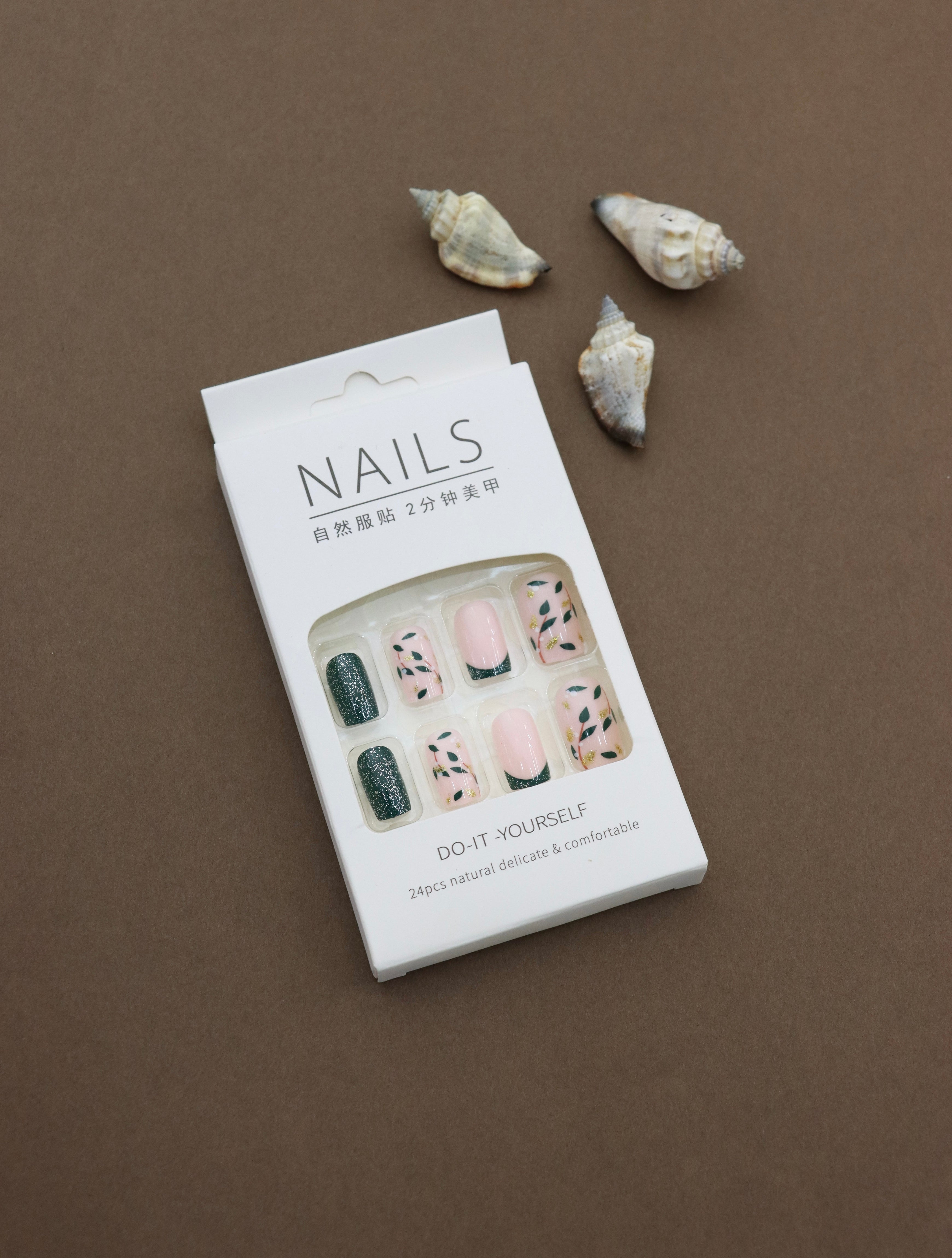 Botanical Green and Nude Press-On Nails with Leaf and Glitter Accents - 24pcs Set