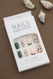 Botanical Green and Nude Press-On Nails with Leaf and Glitter Accents - 24pcs Set