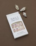 Delicate Nude Press-On Nails with Purple Floral and Golden Foil Accents - 24pcs Set