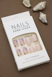 Delicate Nude Press-On Nails with Purple Floral and Golden Foil Accents - 24pcs Set