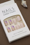 Delicate Nude Press-On Nails with Purple Floral and Golden Foil Accents - 24pcs Set