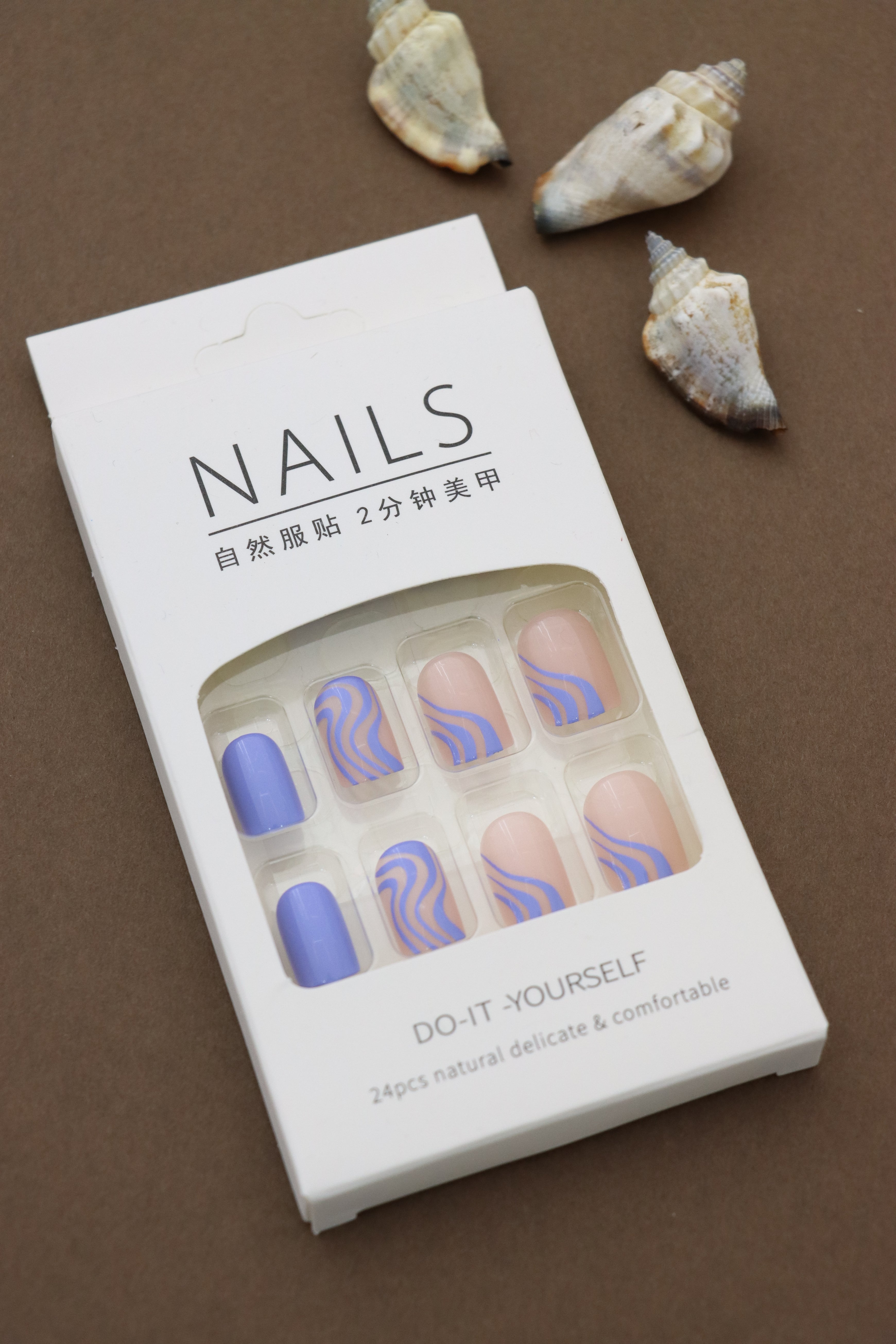 Blue and Peach Wave Pattern Press-On Nails - 24pcs Stylish Swirls Collection