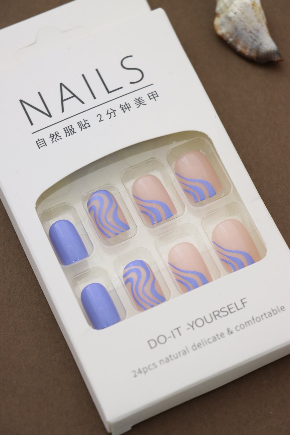 Blue and Peach Wave Pattern Press-On Nails - 24pcs Stylish Swirls Collection