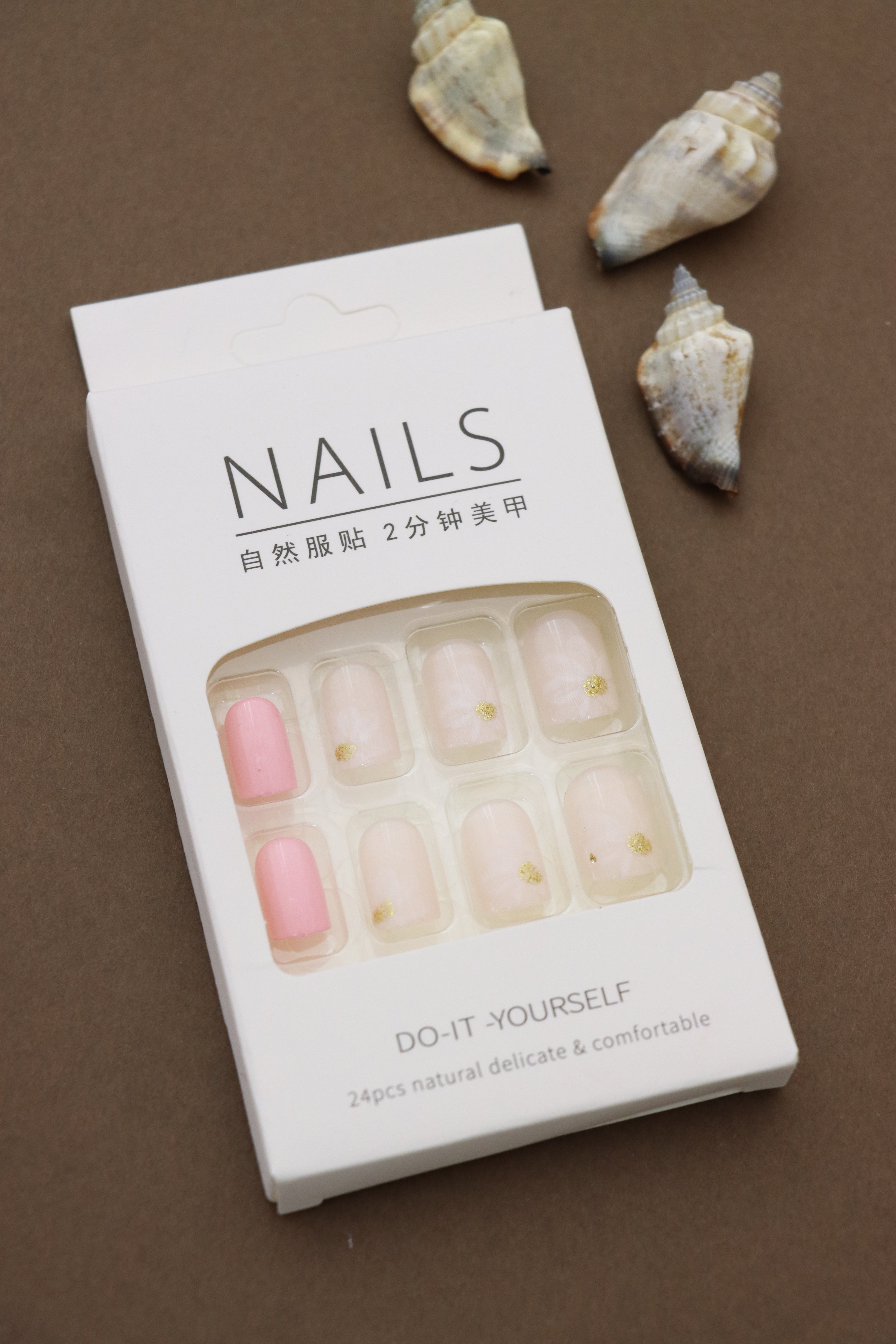 Blush Pink & White Marble Press-On Nails – Gold Accent Detail, 24pcs DIY Nail Set