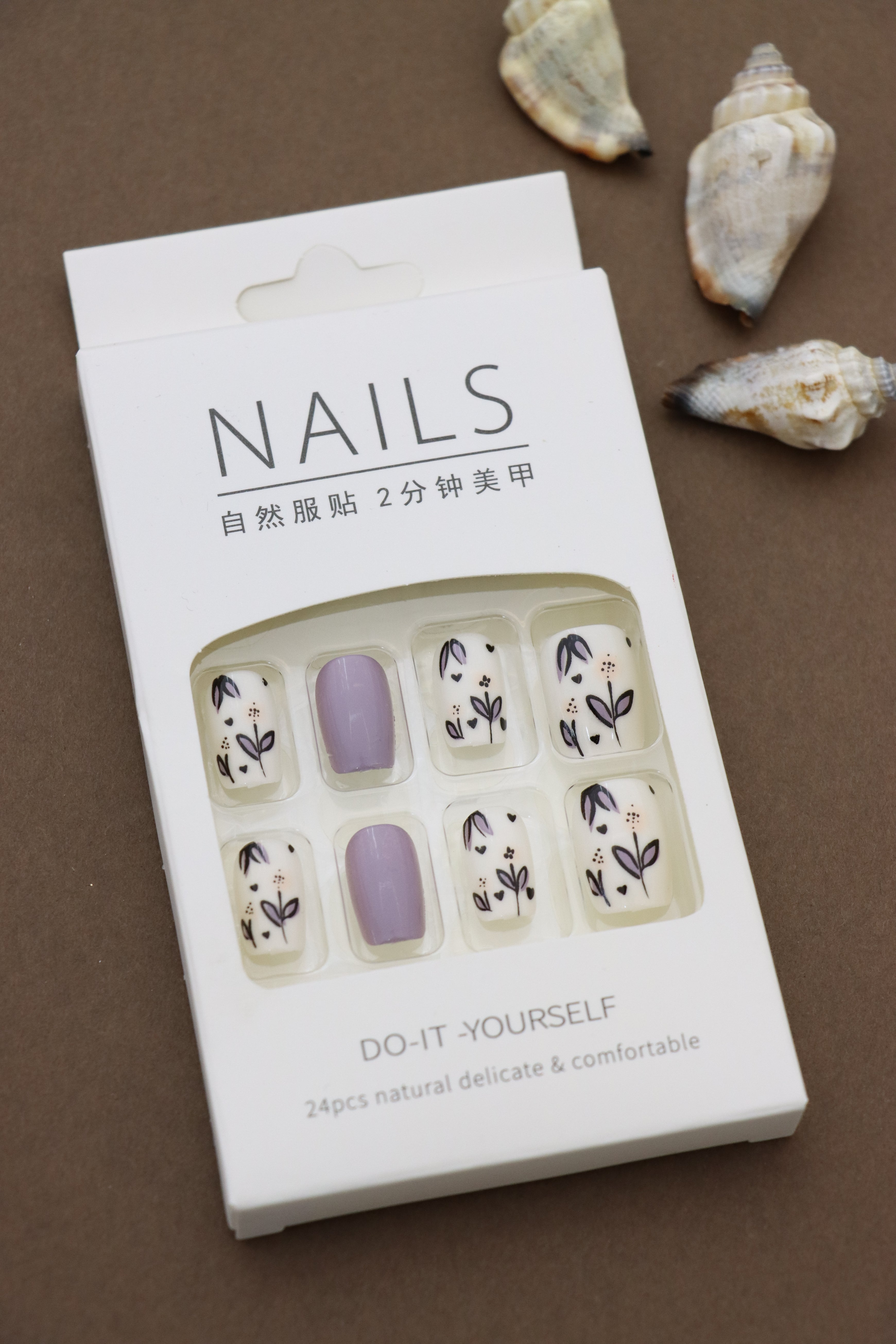 Floral Ivory and Lilac Press-On Nails - Elegant Black Leaf Patterns with Purple Accent DIY Set (24pcs)