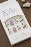 Floral Ivory and Lilac Press-On Nails - Elegant Black Leaf Patterns with Purple Accent DIY Set (24pcs)