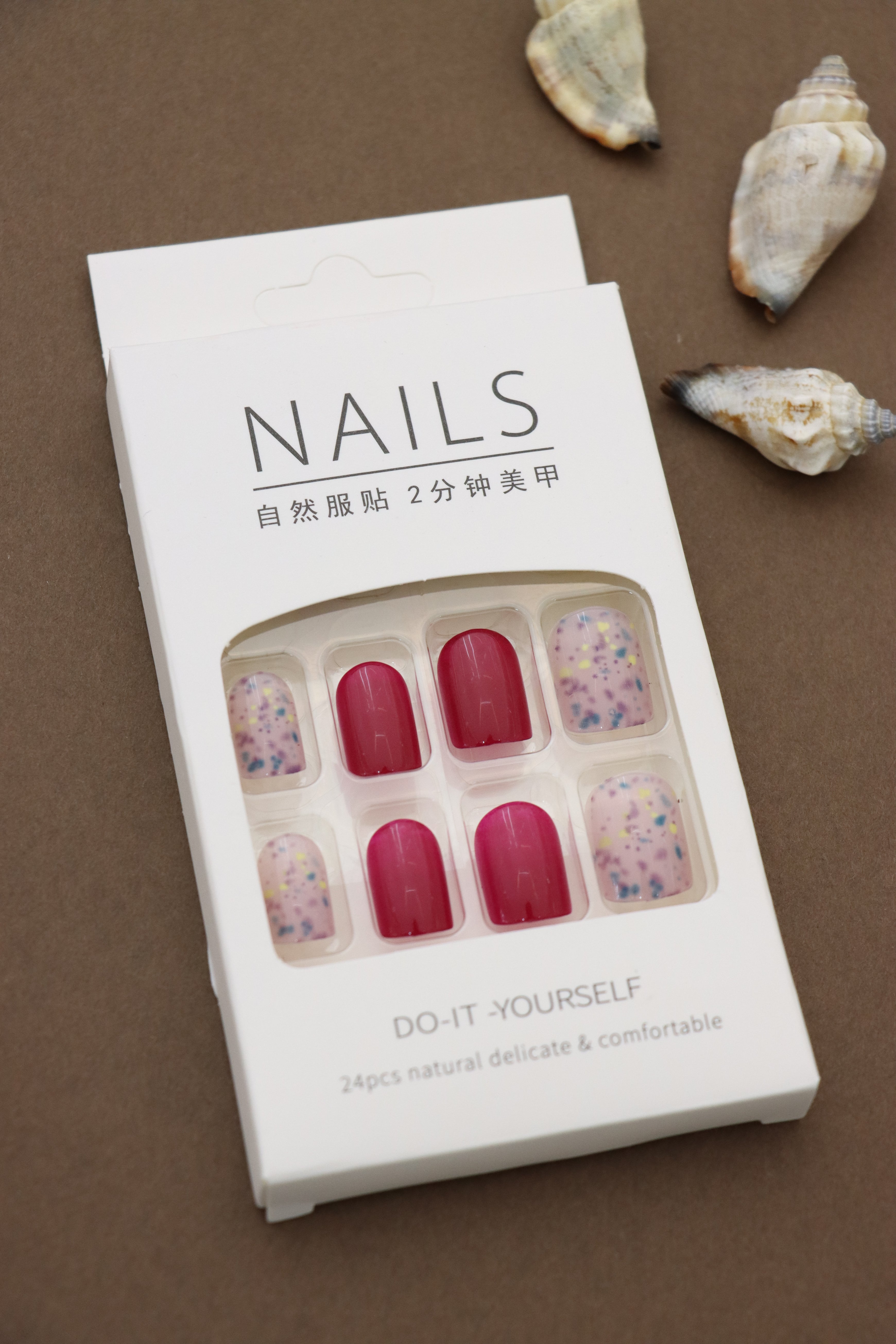 Berry Red & Confetti Pattern Press-On Nails – Vibrant & Fun DIY Set, 24pcs