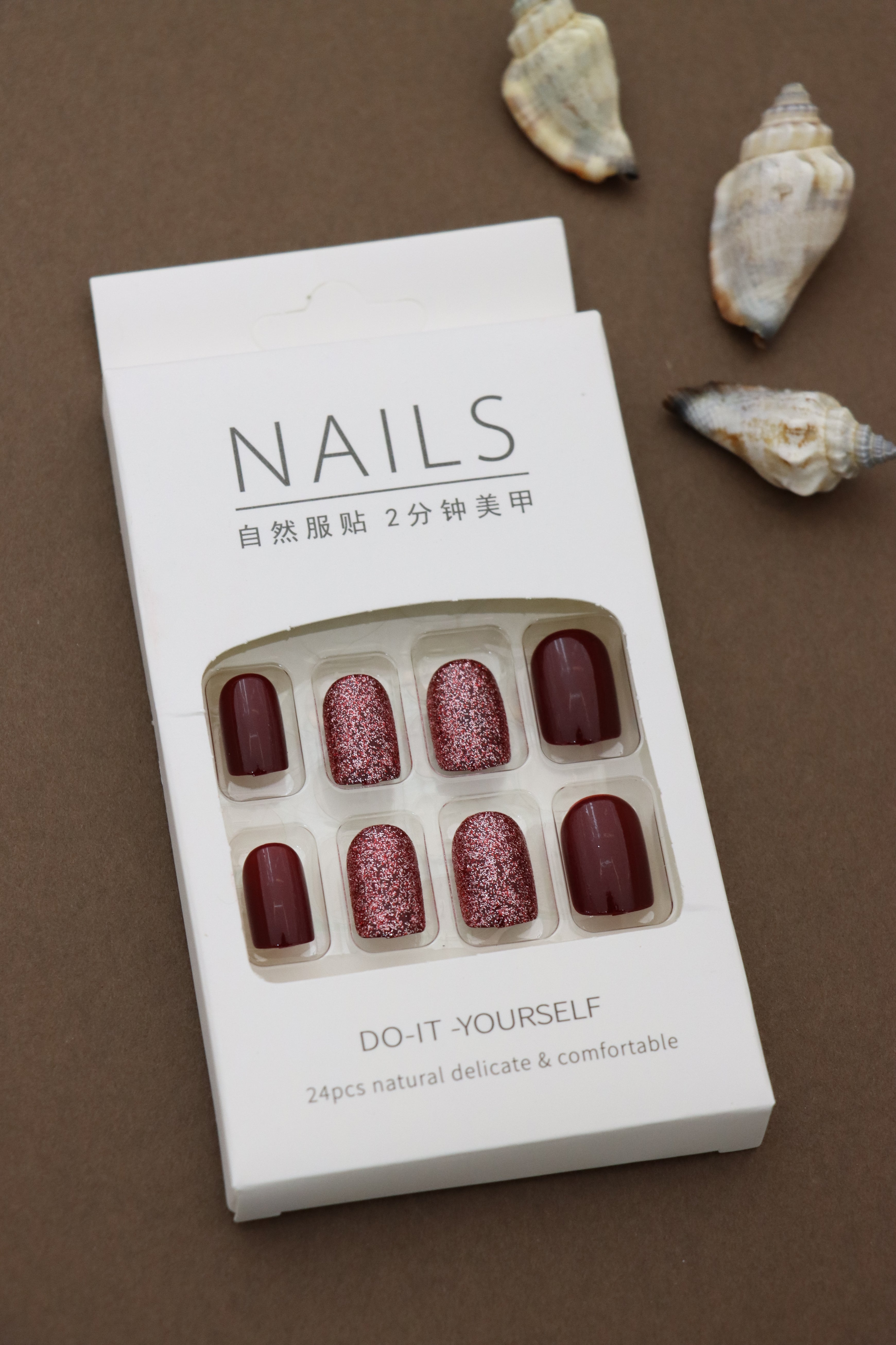 Deep Maroon Press-On Nails with Glitter Accents – Bold and Shimmery Look