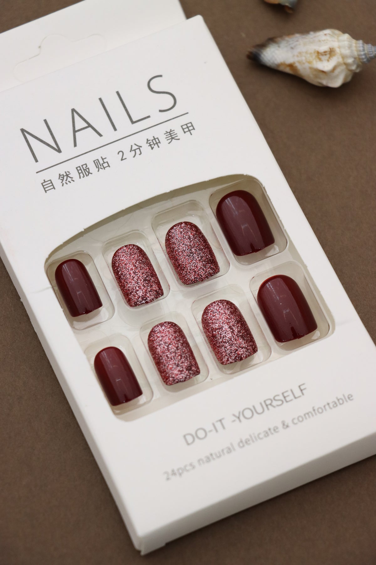 Deep Maroon Press-On Nails with Glitter Accents – Bold and Shimmery Look