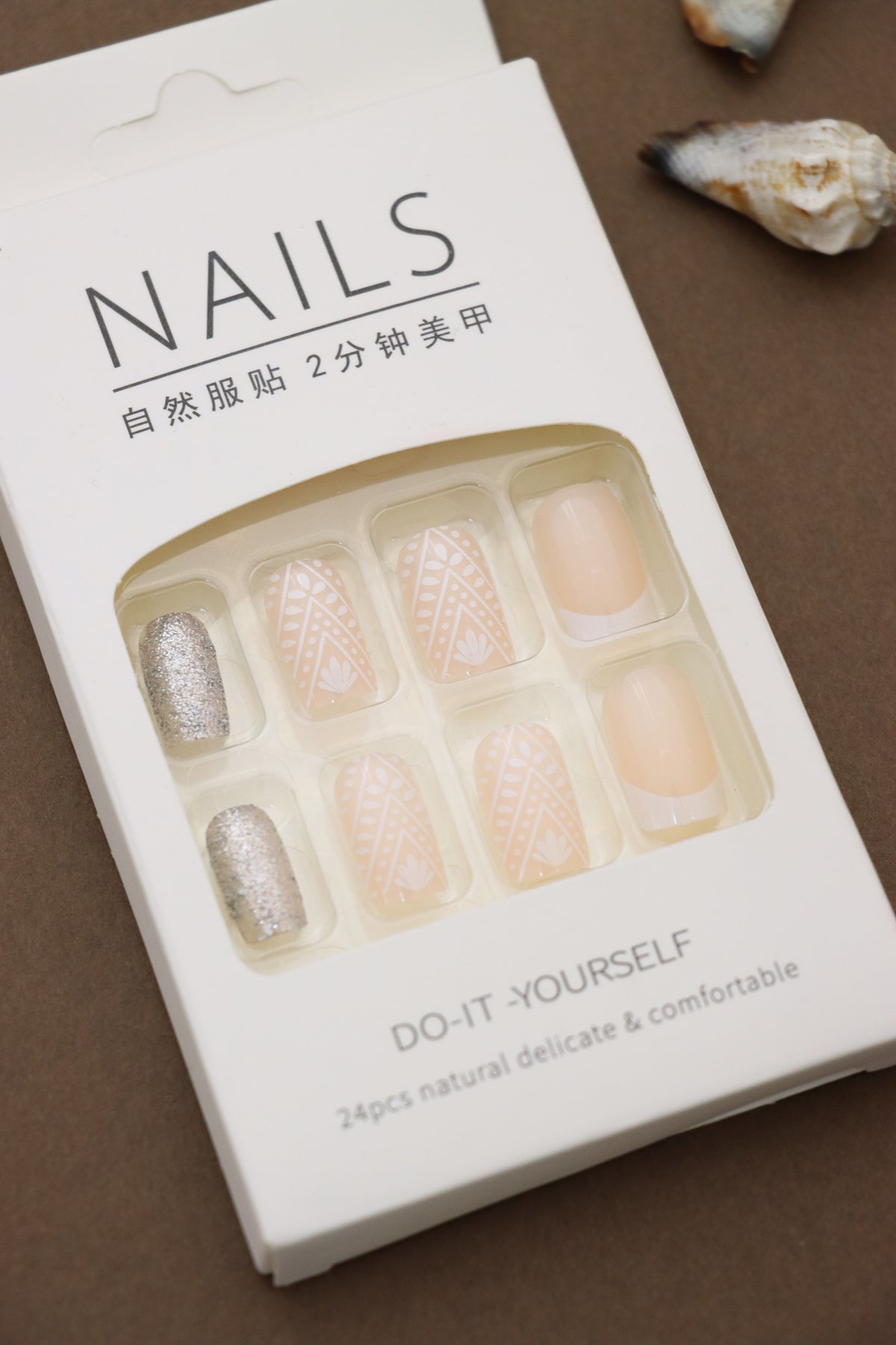 Peach Tribal Print and Silver Glitter Press-On Nails - 24pcs Chic DIY Set