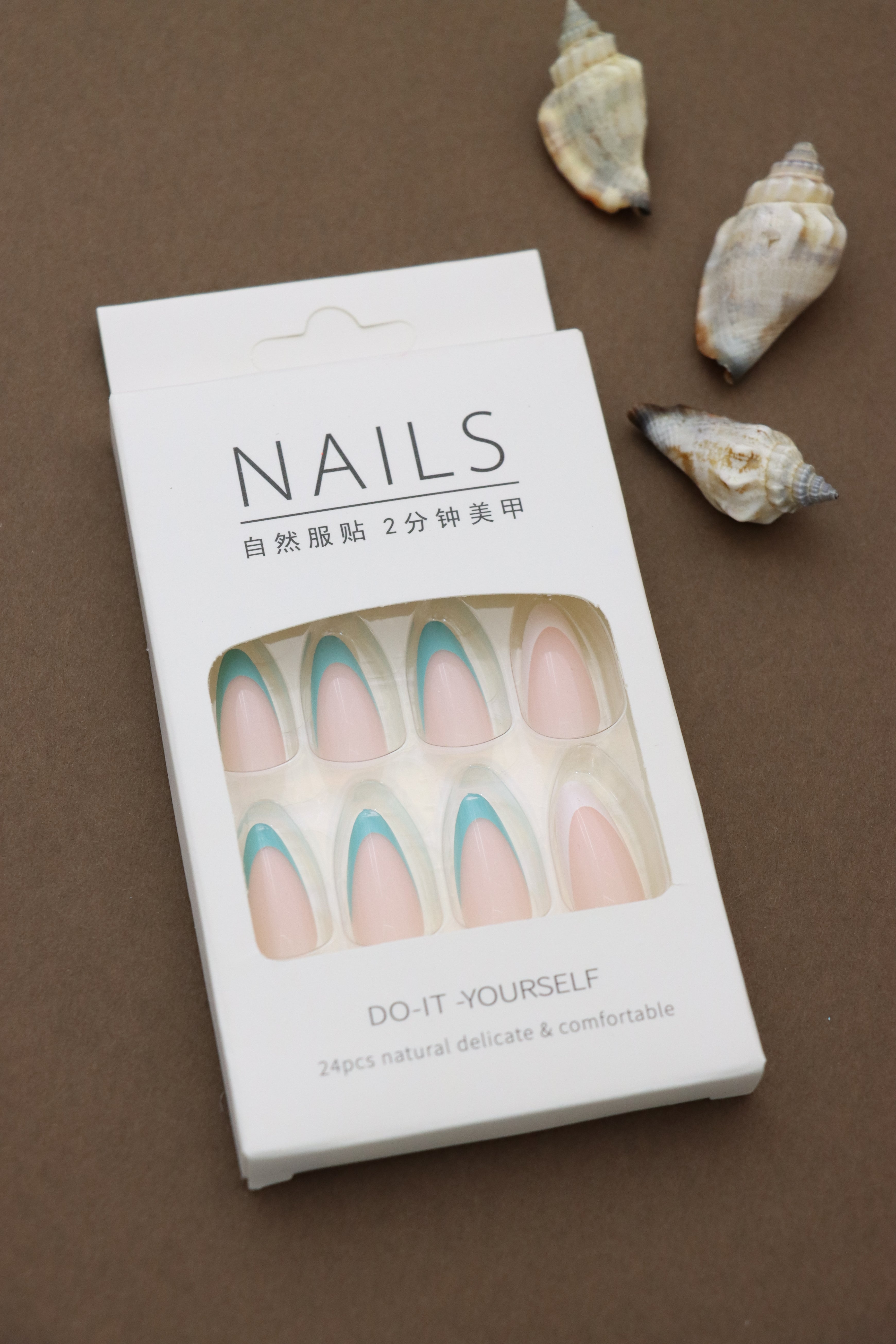 Turquoise and Pink Almond French Tip Press-On Nails - 24pcs DIY Set