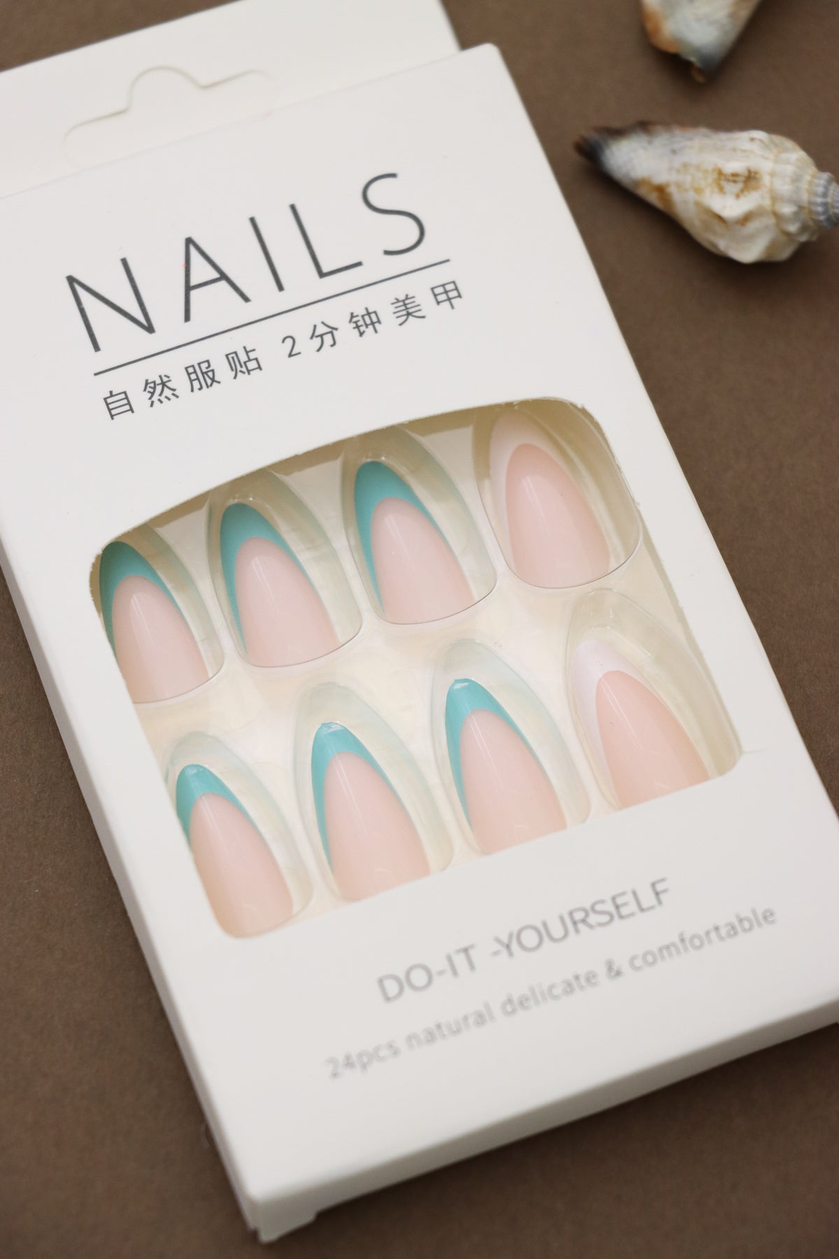 Turquoise and Pink Almond French Tip Press-On Nails - 24pcs DIY Set