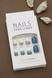 Blue and White Gradient Press-On Nails with Gold Accent - 24pcs Stylish Glam