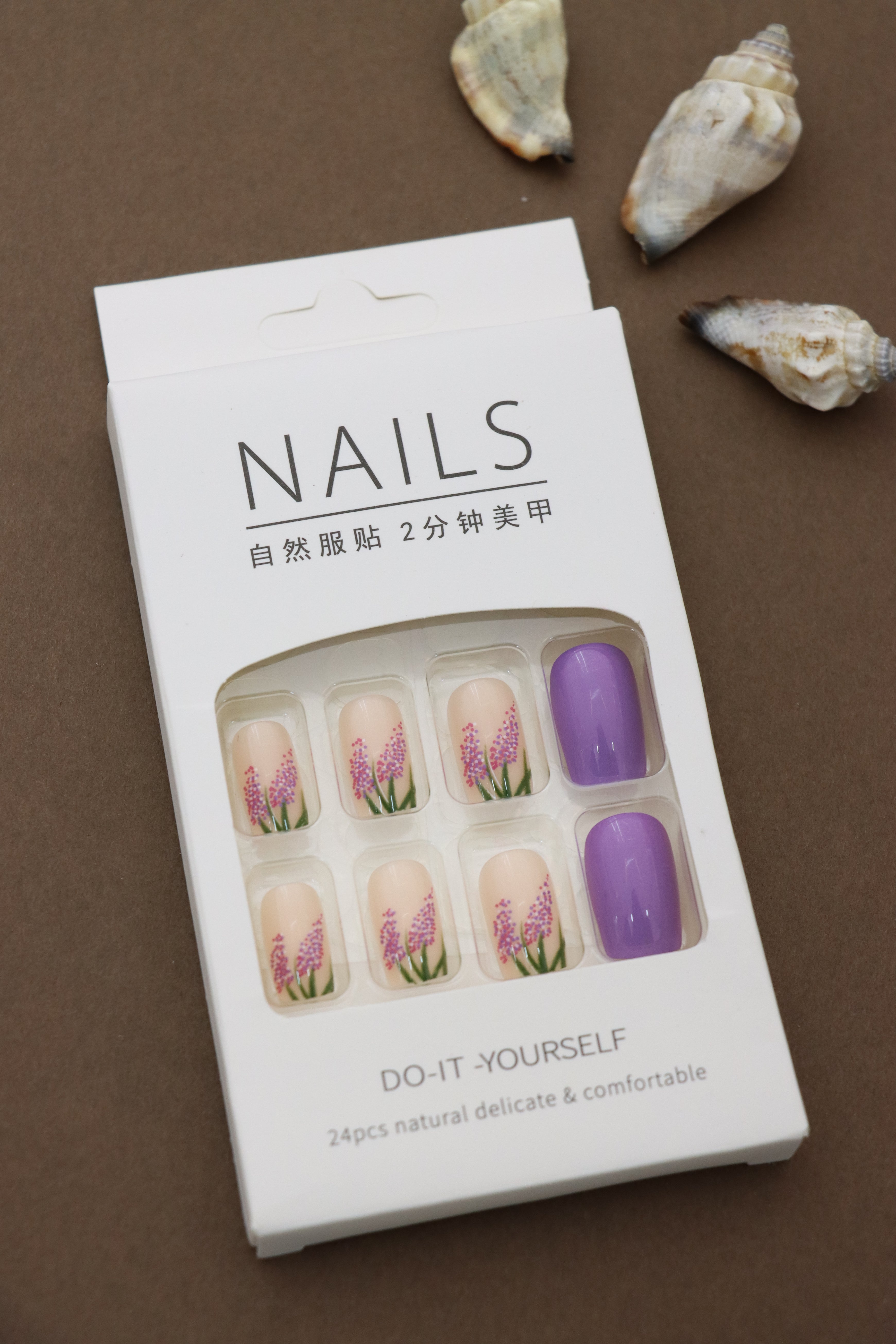 Charming Lavender and Nude Press-On Nails with Floral Lavender Field Design - 24pcs Set