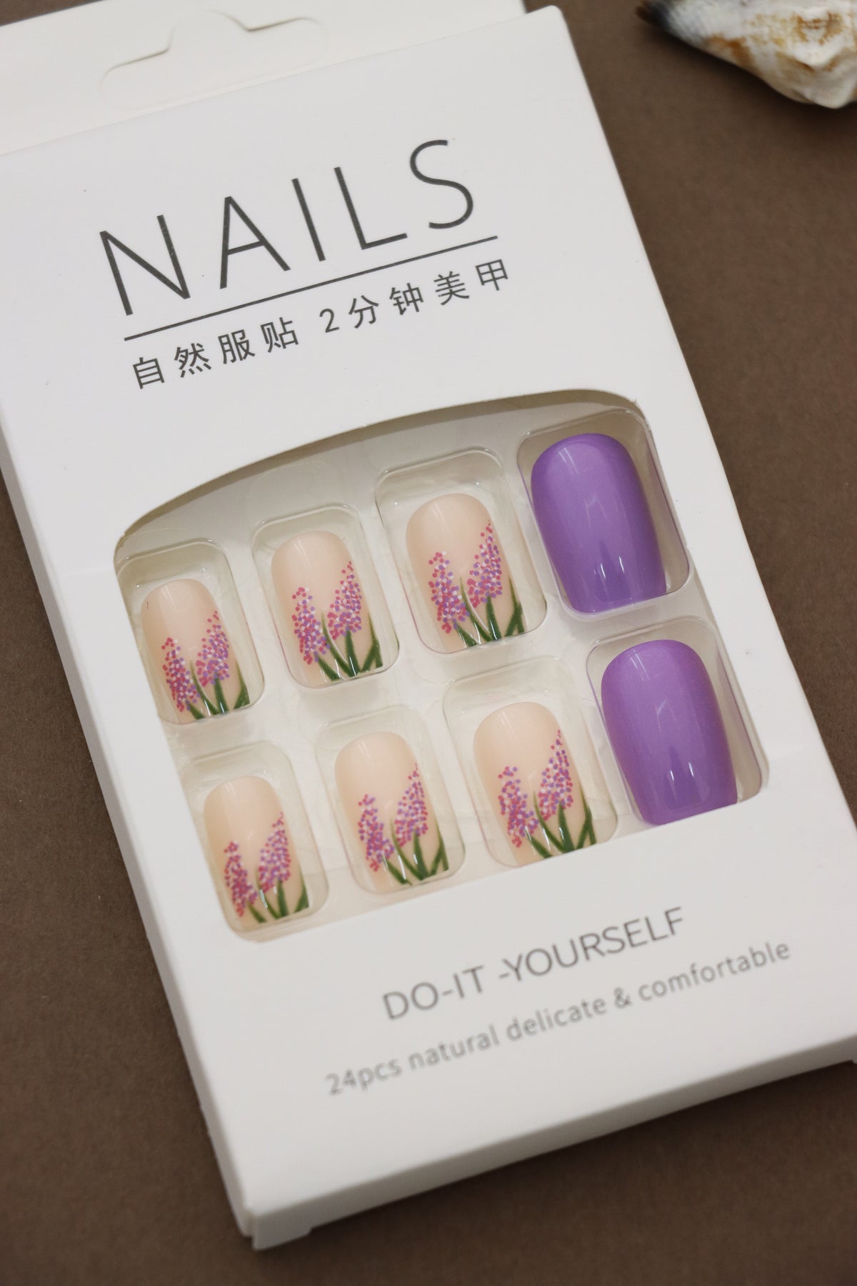 Charming Lavender and Nude Press-On Nails with Floral Lavender Field Design - 24pcs Set